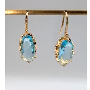 Gold Tone Oval Blue Crystal Fish Hook Earrings